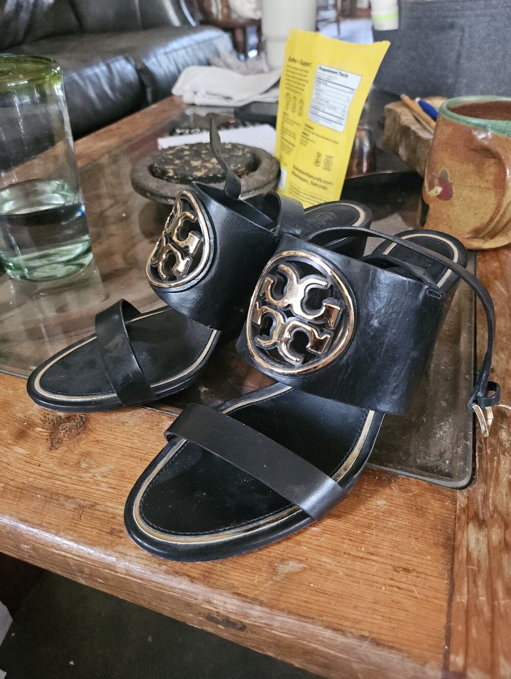 Tory Burch Metal Miller Black/Gold 65mm Wedge Sandals Heels ~56115~Size 8M